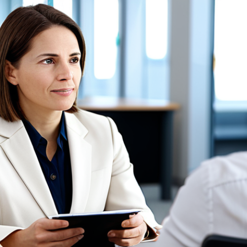 Home 28 A compassionate female career counselor in a modest business blazer and professional blouse, fully clothed, engaged in active, empathetic listening with a thoughtful male client, fully clothed in appropriate smart casual attire. They are seated in comfortable chairs across a clean, modern desk within a bright, professional office environment, with a blurred background suggesting a calm and confidential space. Perfect anatomy, correct proportions, natural pose, well-formed hands, proper finger count, natural body proportions. Professional photography, high-quality, safe for work, appropriate content, fully clothed, professional dress, family-friendly.