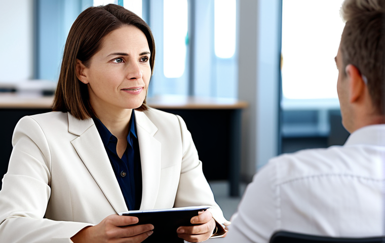 A compassionate female career counselor in a modest business blazer and professional blouse, fully clothed, engaged in active, empathetic listening with a thoughtful male client, fully clothed in appropriate smart casual attire. They are seated in comfortable chairs across a clean, modern desk within a bright, professional office environment, with a blurred background suggesting a calm and confidential space. Perfect anatomy, correct proportions, natural pose, well-formed hands, proper finger count, natural body proportions. Professional photography, high-quality, safe for work, appropriate content, fully clothed, professional dress, family-friendly.