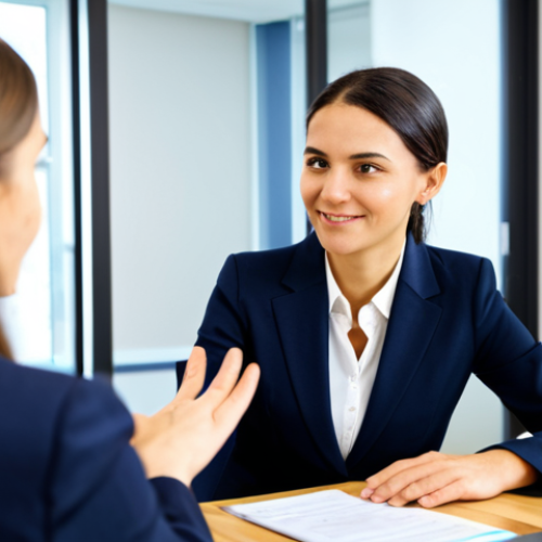 Home 27 A professional, empathetic female career advisor, fully clothed in a modest business suit, engages in active listening with a young adult client in a modern, brightly lit office. The scene emphasizes human connection and guidance, with a warm, inviting atmosphere. Appropriate attire, safe for work, perfect anatomy, correct proportions, natural pose, well-formed hands, proper finger count, natural body proportions, professional photography, high quality, family-friendly content.