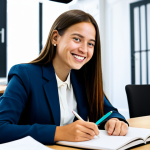 Career Exploration**

A young woman in a brightly lit co-working space, sitting at a table covered with open notebooks and colorful pens. She's smiling thoughtfully while talking to a friendly career counselor with a tablet. The background is filled with other young professionals working on laptops. The scene emphasizes collaboration and discovery. She is fully clothed in a casual but professional outfit (blouse and slacks). Safe for work, appropriate content, professional, modest, perfect anatomy, natural proportions, well-formed hands, proper finger count.

**