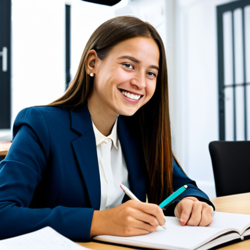 Home 25 Career Exploration**
A young woman in a brightly lit co-working space, sitting at a table covered with open notebooks and colorful pens. She's smiling thoughtfully while talking to a friendly career counselor with a tablet. The background is filled with other young professionals working on laptops. The scene emphasizes collaboration and discovery. She is fully clothed in a casual but professional outfit (blouse and slacks). Safe for work, appropriate content, professional, modest, perfect anatomy, natural proportions, well-formed hands, proper finger count.
**