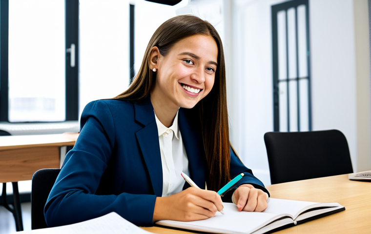 Career Exploration**

A young woman in a brightly lit co-working space, sitting at a table covered with open notebooks and colorful pens. She's smiling thoughtfully while talking to a friendly career counselor with a tablet. The background is filled with other young professionals working on laptops. The scene emphasizes collaboration and discovery. She is fully clothed in a casual but professional outfit (blouse and slacks). Safe for work, appropriate content, professional, modest, perfect anatomy, natural proportions, well-formed hands, proper finger count.

**