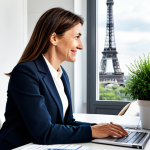 Career Coaching Session**

A professional woman in her late 30s, fully clothed in a stylish, modest business suit, is sitting across a desk from a friendly career coach in a bright, modern Parisian office. The office includes plants and a view of the Eiffel Tower in the distance. The atmosphere is supportive and encouraging. safe for work, appropriate content, professional, perfect anatomy, correct proportions, well-formed hands, proper finger count, natural body proportions.

**