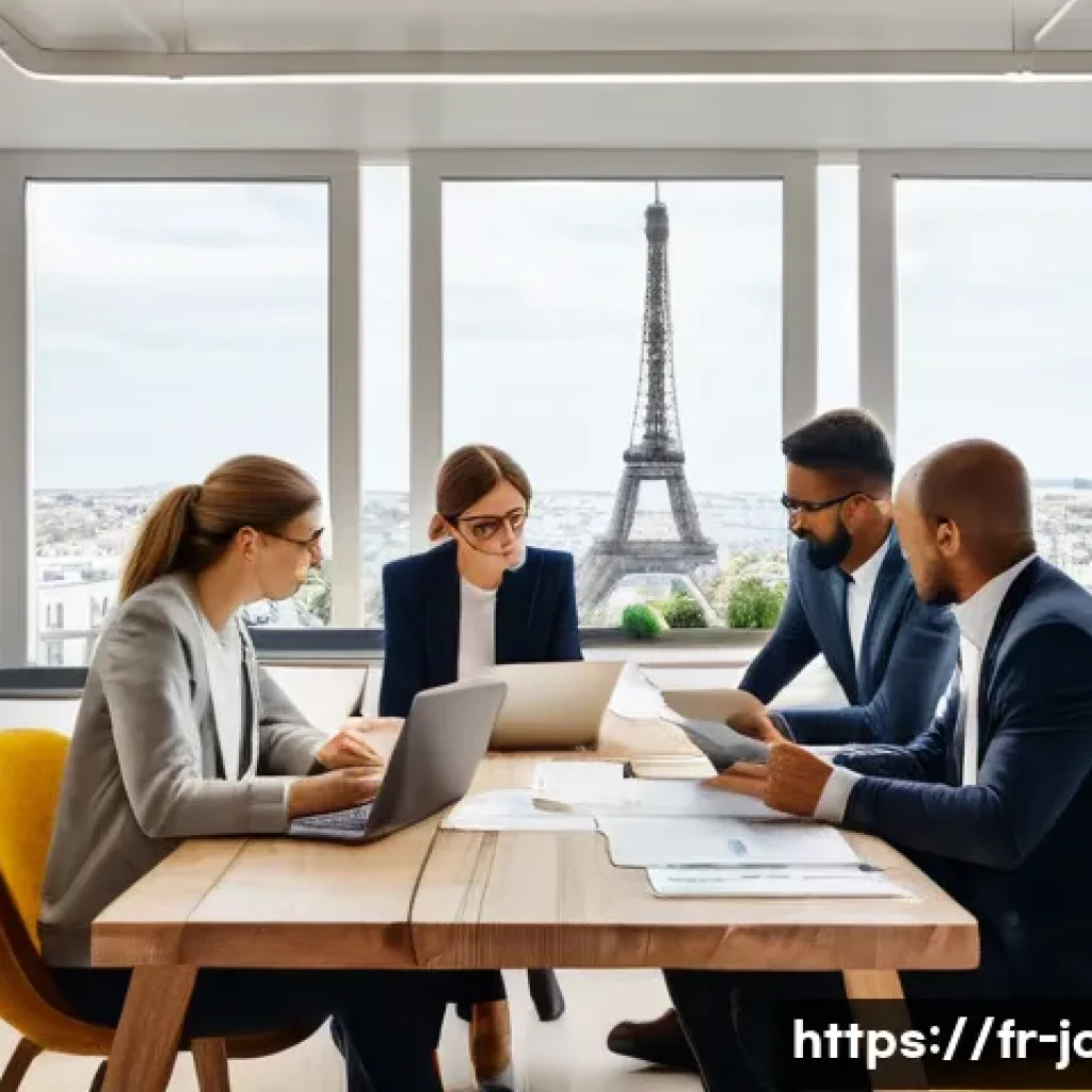 직업상담사 전문 블로그 운영법 - A modern French employment counselor’s office setting, featuring a diverse group of professionals—me...