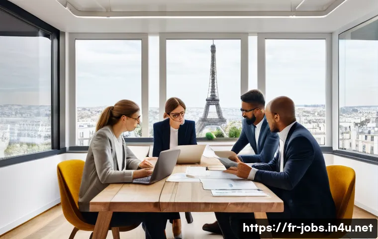 직업상담사 전문 블로그 운영법 - A modern French employment counselor’s office setting, featuring a diverse group of professionals—me...