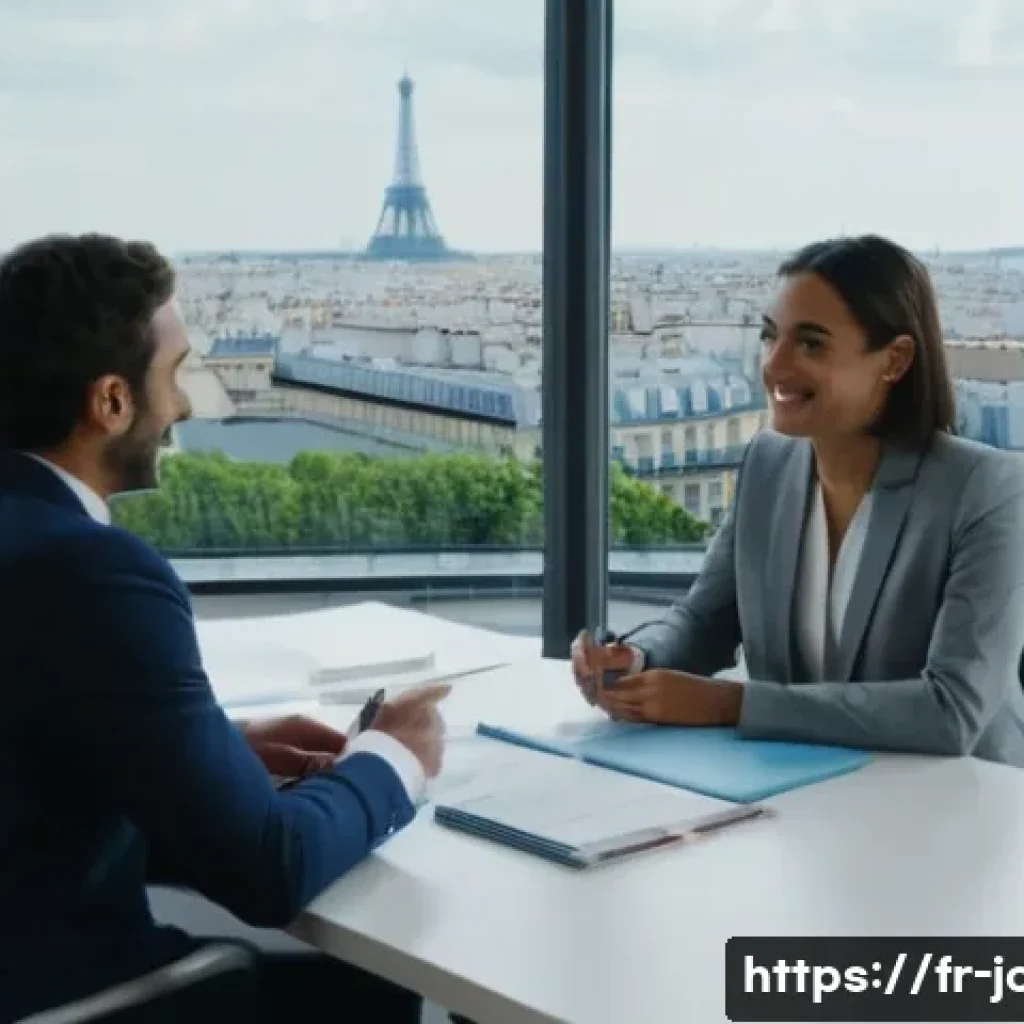 직업상담사 인재 발굴 기법 - A professional recruitment interview scene set in a modern, well-lit French office with two people e...