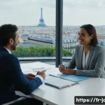 직업상담사 인재 발굴 기법 - A professional recruitment interview scene set in a modern, well-lit French office with two people e...