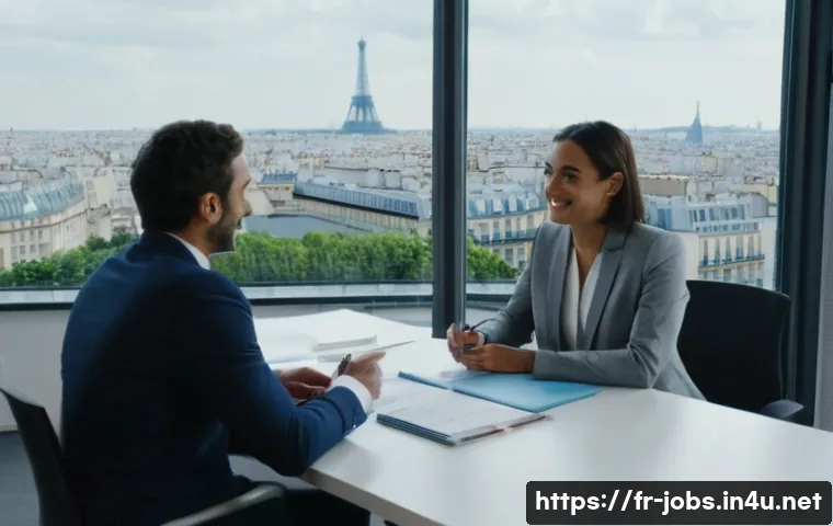 직업상담사 인재 발굴 기법 - A professional recruitment interview scene set in a modern, well-lit French office with two people e...